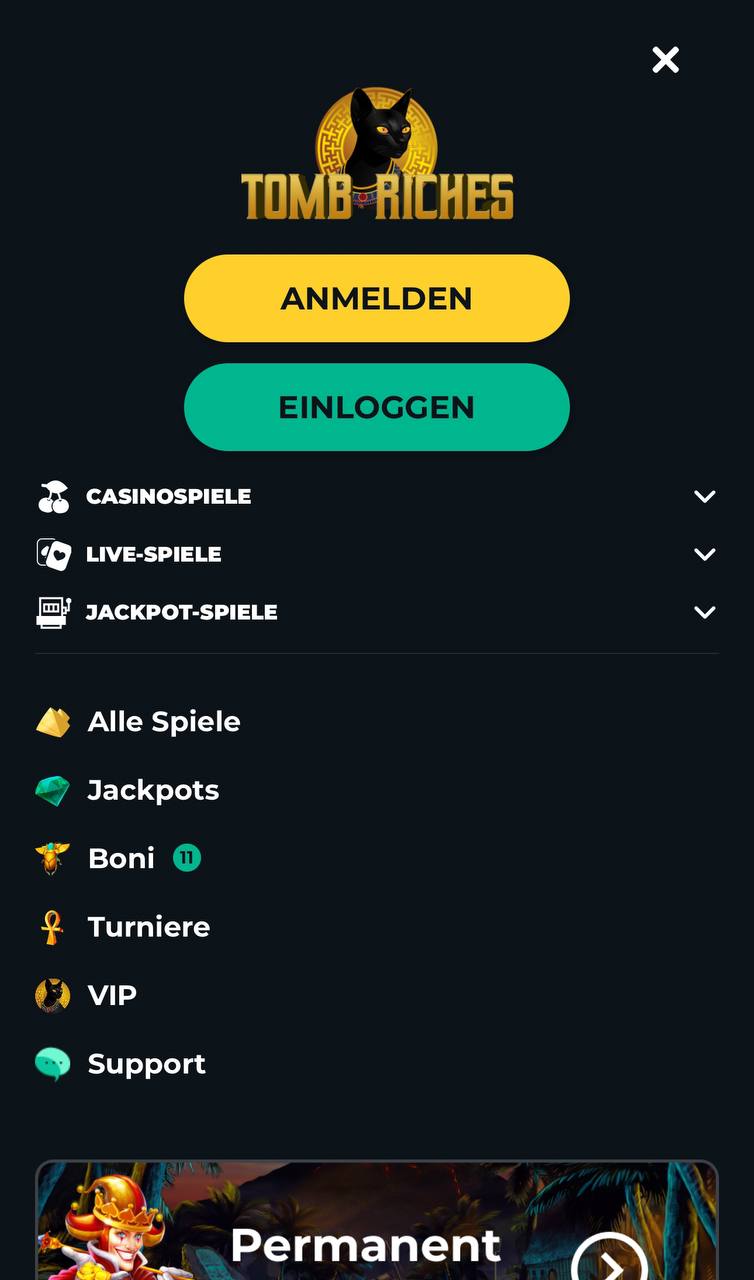 TombRiches mobiel menu